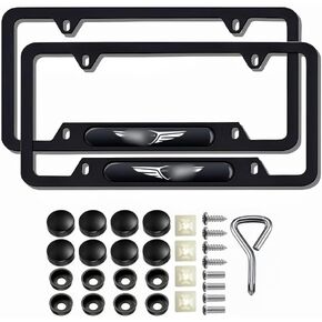 2 Pcs Black License Plate Frames Metal Aluminum Material 4 Holes License Plate Covers Screw Caps Cover Set Compatible with g70 g80 g90 gv60 gv70 gv80 .etc