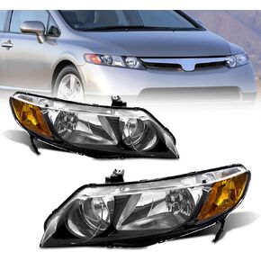 AS Headlight Assembly Compatible with 2006-2011 Honda Civic 4-Door Sedan fit for 2006 2007 2008 2009 2010 2011 Civic 4DR Headlamps Replacement Chrome Housing Amber Reflector