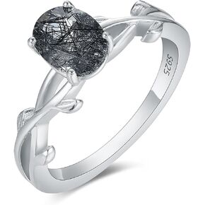 Art Deco 1.5ct Natural Black Rutileated Quartz 925 Women Women Rings: Oval Cut 6 × 8 مم مطلي بحلقات خطبة بلاتينية ، ورقة أوراق ، وخاتم الزفاف الفضي الاسترليني لحجمها 4-9