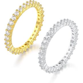 TIKJE 2 Rings Set For Women, 18k Yellow/White Gold Plated Rings - Cubic Zirconias Band Ring, Eternity Promise Engagement Wedding Band Gift For Her Size 5-12