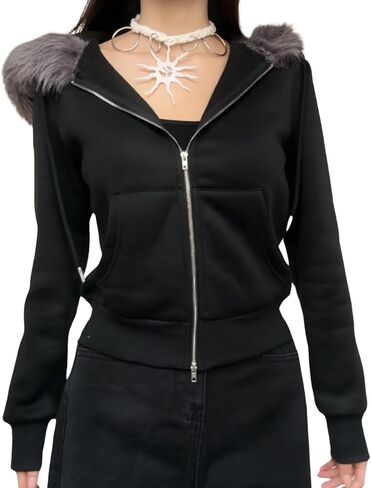 Faux Fur Trim Hoodies for Women, Y2k Long Sleeve Cropped Sweatshirt, Zip Up Jacket with Fur Hood Vintage Outfit in Saudi Arabia