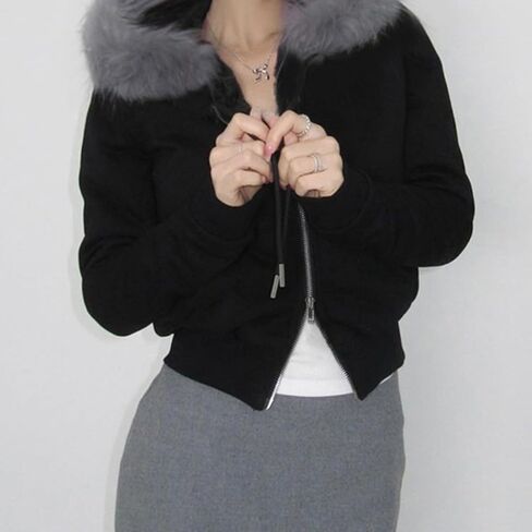 Faux Fur Trim Hoodies for Women, Y2k Long Sleeve Cropped Sweatshirt, Zip Up Jacket with Fur Hood Vintage Outfit in Saudi Arabia