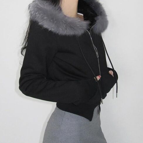 Faux Fur Trim Hoodies for Women, Y2k Long Sleeve Cropped Sweatshirt, Zip Up Jacket with Fur Hood Vintage Outfit in Saudi Arabia