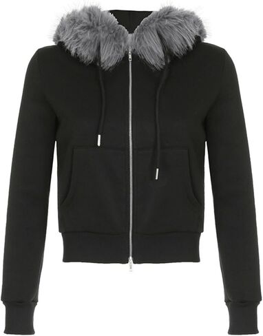 Faux Fur Trim Hoodies for Women, Y2k Long Sleeve Cropped Sweatshirt, Zip Up Jacket with Fur Hood Vintage Outfit in Saudi Arabia