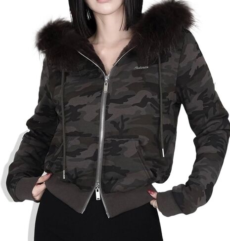 Faux Fur Trim Hoodies for Women, Y2k Long Sleeve Cropped Sweatshirt, Zip Up Jacket with Fur Hood Vintage Outfit in Saudi Arabia