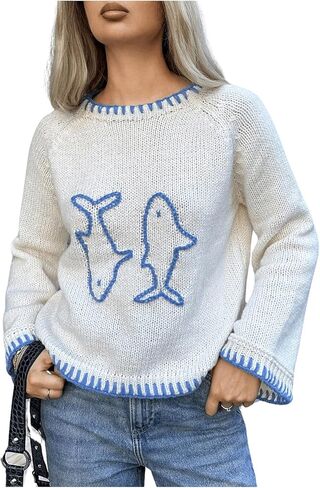 SHENHE Women's Oversized Graphic Pullover Sweater Crew Neck Cute Soft Knitted Sweater in Saudi Arabia