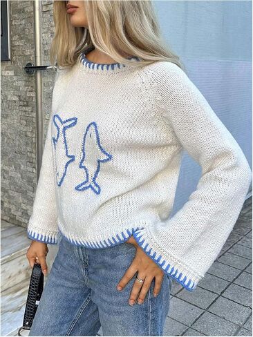 SHENHE Women's Oversized Graphic Pullover Sweater Crew Neck Cute Soft Knitted Sweater in Saudi Arabia