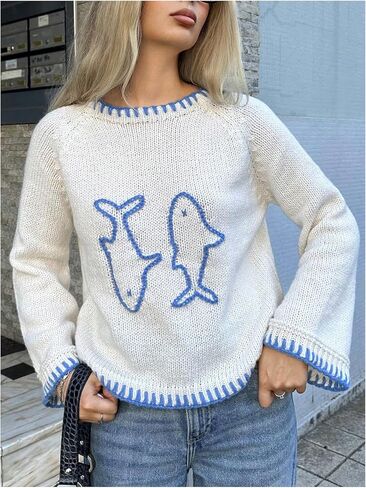 SHENHE Women's Oversized Graphic Pullover Sweater Crew Neck Cute Soft Knitted Sweater in Saudi Arabia