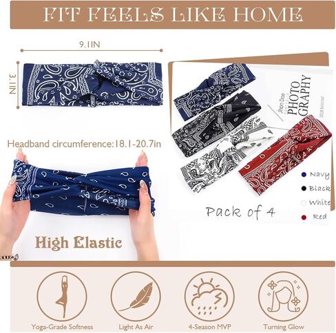 Urieo Boho Headbands Stretch Paisley Print Bandana Headband Criss Cross Hair Bands Knotted Head Wrap Yoga Daily for Women and Girls (Pack of 4) (A) in Kuwait