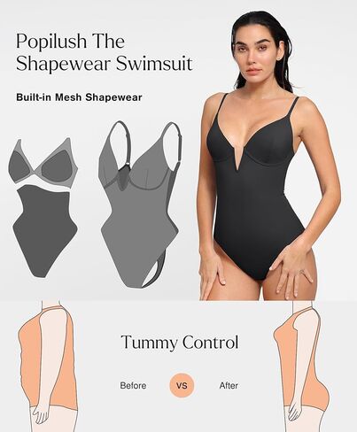 Popilush Tummy Control Swimsuits for Women Deep V Neck One Piece Shapewear Swimsuit Slimming Swimwear Built in Bra in Kuwait