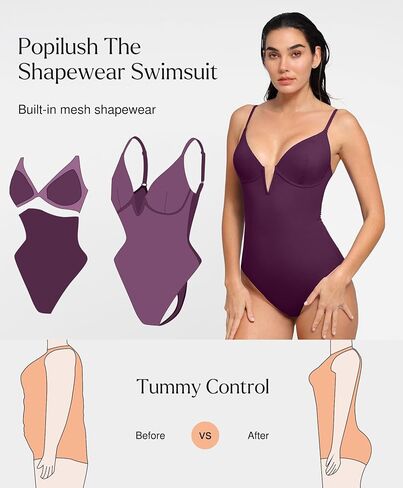 Popilush بطن السيطرة على ملابس السباحة للنساء Deep v الرقبة قطعة واحدة من ملابس السباحة ملابس السباحة تنحيف بنيت في حمالة الصدر in Kuwait