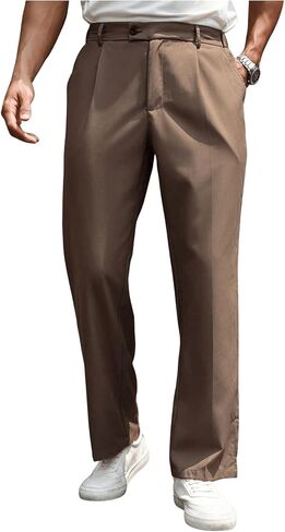 GORGLITTER Men's Zipper Fly Pleated Suit Pants Straight Leg Work Trousers with Pockets in Saudi Arabia