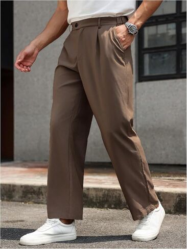 GORGLITTER Men's Zipper Fly Pleated Suit Pants Straight Leg Work Trousers with Pockets in Saudi Arabia