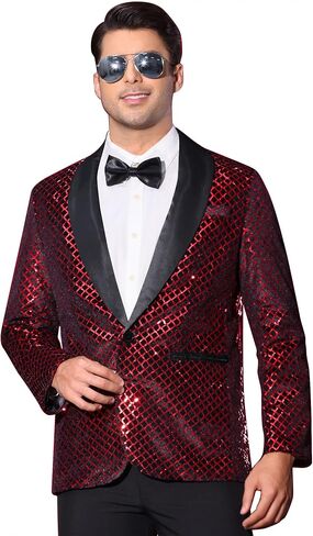 Lars Amadeus Sequin Blazer for Men's Shiny Metallic Tuxedo Shawl Lapel Disco Party Argyle Plaid Suit Jackets Sports Coat in Saudi Arabia