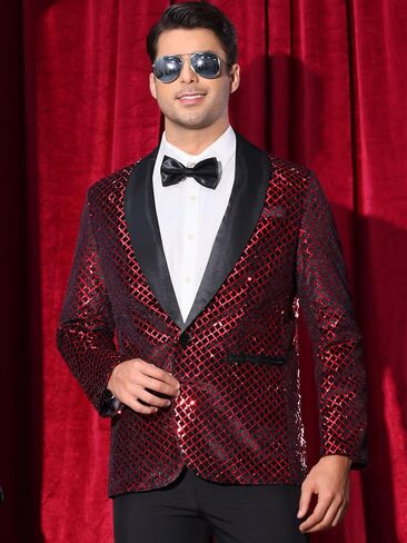 Lars Amadeus Sequin Blazer for Men's Shiny Metallic Tuxedo Shawl Lapel Disco Party Argyle Plaid Suit Jackets Sports Coat in Saudi Arabia