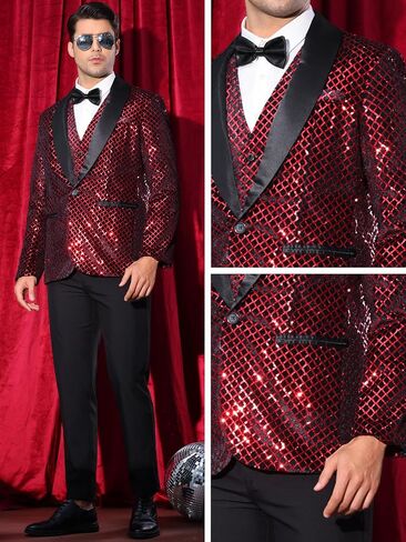 Lars Amadeus Sequin Blazer for Men's Shiny Metallic Tuxedo Shawl Lapel Disco Party Argyle Plaid Suit Jackets Sports Coat in Saudi Arabia