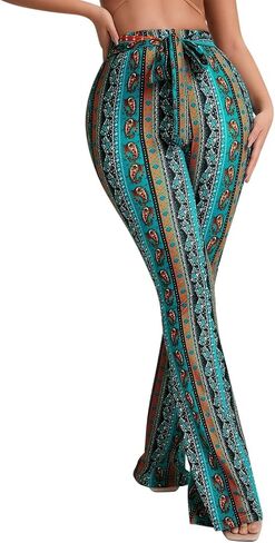 Boho Flare Pants for Women - Rave High Waisted Bell Bottom Retro 70s Disco EDM Floral Wide Leg Legging in Saudi Arabia