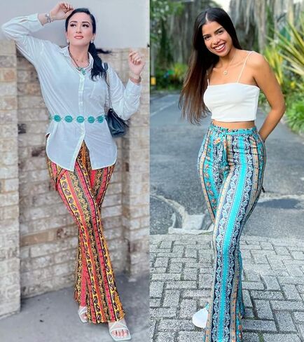 Boho Flare Pants for Women - Rave High Waisted Bell Bottom Retro 70s Disco EDM Floral Wide Leg Legging in Saudi Arabia
