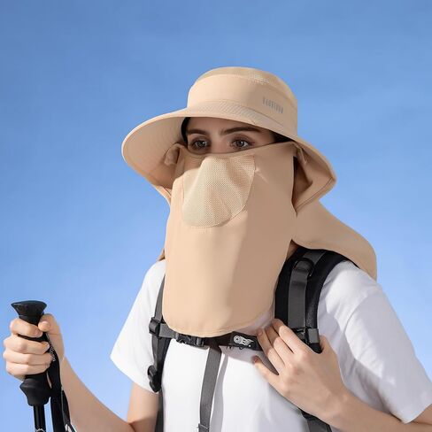 Huamulan Women Wide Brim Sun Hat Ponytail UV Protection Hats Fisor Fishing Haps Face Mask قابلة للفصل in Kuwait
