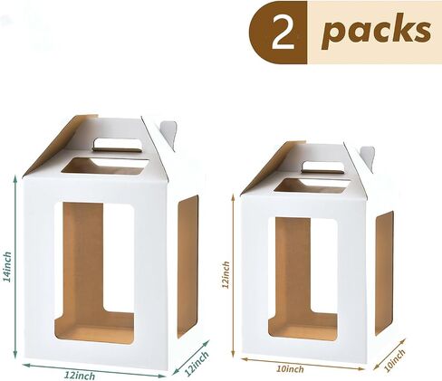 XININSUN Tall Cake Box with 6 Windows and Cake Boards, 10x10x12&12x12x14 Large Tiered Cake Boxes,Tall Cake Carrier,large Layer cake box Cake Containers for 10" & 12" Cakes (2Pcs-White) in Kuwait