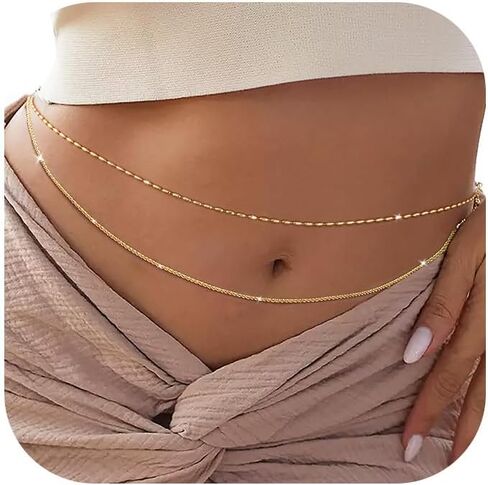 MOODEAR 2PCS Waist Chain for Women - Waterproof 14K Gold Plated Layered Belly Beads Chains with Drop Cubic Zirconia Body Chain Jewelry Sexy Bikini Belt Gift for Summer Beach in Saudi Arabia