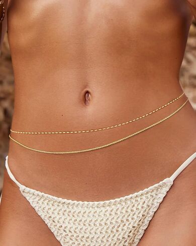 MOODEAR 2PCS Waist Chain for Women - Waterproof 14K Gold Plated Layered Belly Beads Chains with Drop Cubic Zirconia Body Chain Jewelry Sexy Bikini Belt Gift for Summer Beach in Saudi Arabia
