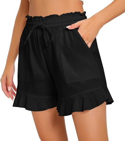 Womens Summer Linen Shorts Wide Leg High Waisted Ruffle Draswtring Beach Flowy Shorts with Pockets in Kuwait