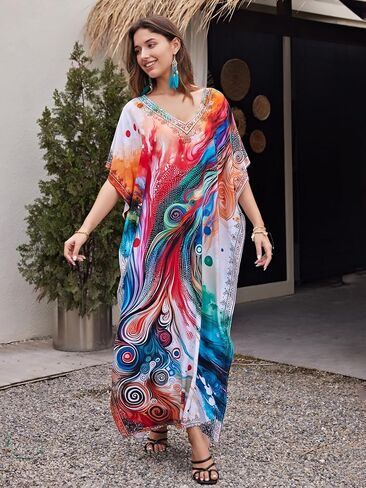 بالإضافة إلى الحجم ، فستان Kaftan للنساء Caftan Wating Swim Cover Up Boho Beach Dress Loungwear Loungwear in Saudi Arabia