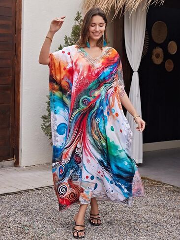 بالإضافة إلى الحجم ، فستان Kaftan للنساء Caftan Wating Swim Cover Up Boho Beach Dress Loungwear Loungwear in Saudi Arabia