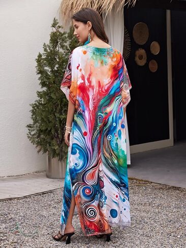 بالإضافة إلى الحجم ، فستان Kaftan للنساء Caftan Wating Swim Cover Up Boho Beach Dress Loungwear Loungwear in Saudi Arabia