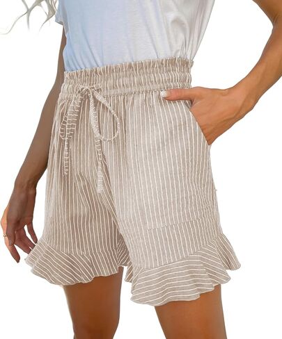 Womens Summer Linen Shorts Wide Leg High Waisted Ruffle Draswtring Beach Flowy Shorts with Pockets in Kuwait