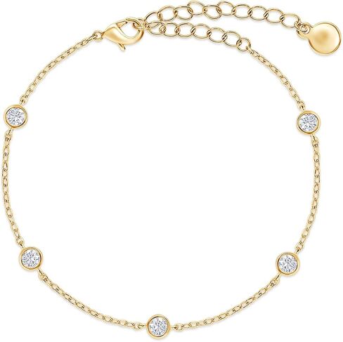 18K Gold Plated Five Stone Station Link Bracelet for Women| 3MM Moissanite Classic Tennis Bracelet | Bezel-Set 6" + 2" Adjustable Chain Bracelet (0.50 Cttw) in Saudi Arabia