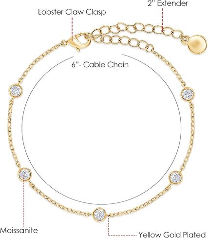 18K Gold Plated Five Stone Station Link Bracelet for Women| 3MM Moissanite Classic Tennis Bracelet | Bezel-Set 6" + 2" Adjustable Chain Bracelet (0.50 Cttw) in Saudi Arabia