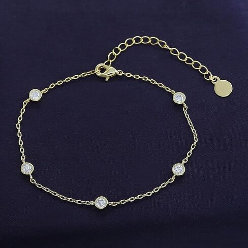 18K Gold Plated Five Stone Station Link Bracelet for Women| 3MM Moissanite Classic Tennis Bracelet | Bezel-Set 6" + 2" Adjustable Chain Bracelet (0.50 Cttw) in Saudi Arabia
