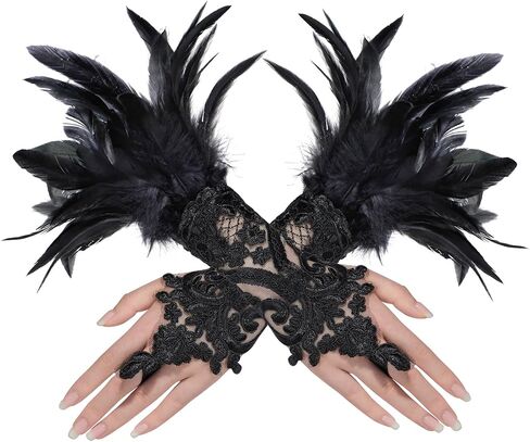 Zando Women's Feather Lace Long Gloves Halloween Feather Gloves Adult Lace UP Fingerless Gloves for Women Wrist Cuffs in Saudi Arabia