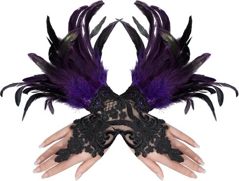 Zando Women's Feather Lace Long Gloves Halloween Feather Gloves Adult Lace UP Fingerless Gloves for Women Wrist Cuffs in Saudi Arabia