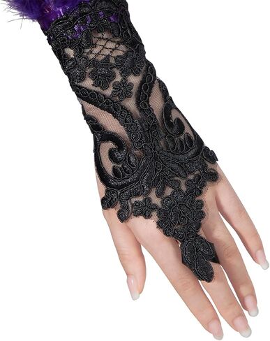 Zando Women's Feather Lace Long Gloves Halloween Feather Gloves Adult Lace UP Fingerless Gloves for Women Wrist Cuffs in Saudi Arabia