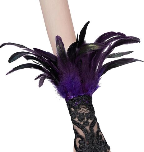 Zando Women's Feather Lace Long Gloves Halloween Feather Gloves Adult Lace UP Fingerless Gloves for Women Wrist Cuffs in Saudi Arabia