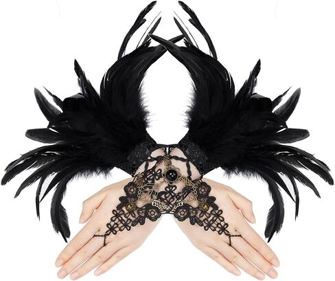 Zando Women's Feather Lace Long Gloves Halloween Feather Gloves Adult Lace UP Fingerless Gloves for Women Wrist Cuffs in Saudi Arabia