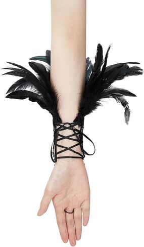 Zando Women's Feather Lace Long Gloves Halloween Feather Gloves Adult Lace UP Fingerless Gloves for Women Wrist Cuffs in Saudi Arabia