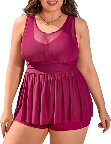 Womens Plus Size Tankini Tummy Control Two Piece Swimsuit Mesh Flowy Swimdress Bathing Suits with Shorts in Saudi Arabia