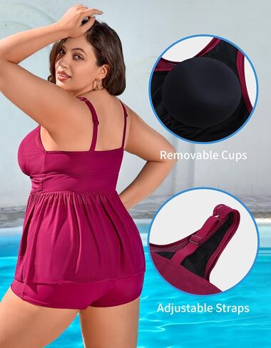 Womens Plus Size Tankini Tummy Control Two Piece Swimsuit Mesh Flowy Swimdress Bathing Suits with Shorts in Saudi Arabia