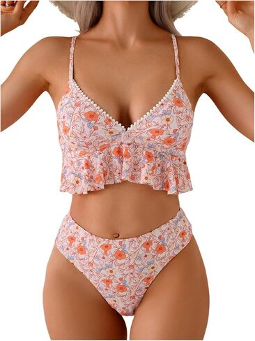 Verdusa Women's 2 قطعة Boho Floral Tankini مجموعة قميصات الكشكش مع أسفل in Kuwait