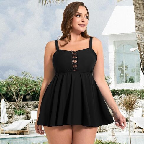Women's Plus Size Tankini Swimsuit Two Piece Tummy Control Bathing Suits Flowy Swim Dress with Shorts in Saudi Arabia