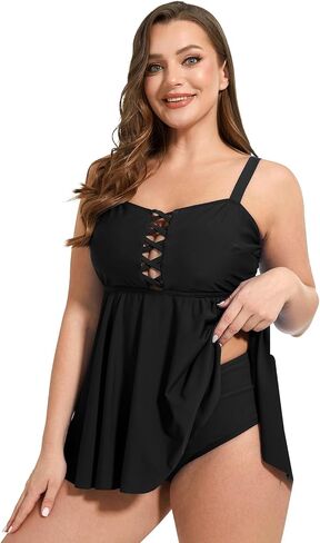Women's Plus Size Tankini Swimsuit Two Piece Tummy Control Bathing Suits Flowy Swim Dress with Shorts in Saudi Arabia