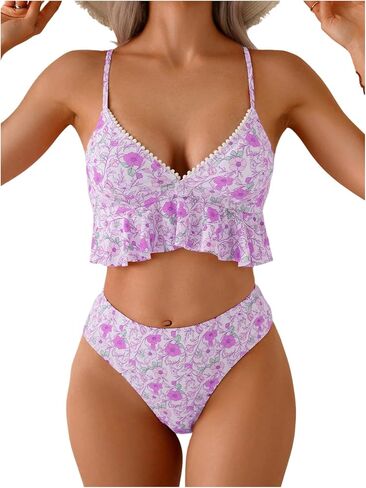 Verdusa Women's 2 قطعة Boho Floral Tankini مجموعة قميصات الكشكش مع أسفل in Kuwait
