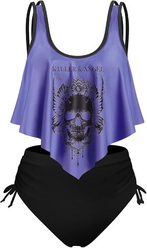 Rosegal Womens Plus Size Curve Gothic Skull Print Ruffled Tankini Swimwear Set in Kuwait