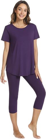 WiWi Women's Pajama Set 2 Piece Short Sleeve Tunic Top Capri Leggings Sleepwear Soft Pjs Viscose from Bamboo S-XXL in Saudi Arabia