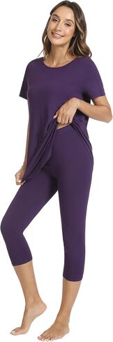 WiWi Women's Pajama Set 2 Piece Short Sleeve Tunic Top Capri Leggings Sleepwear Soft Pjs Viscose from Bamboo S-XXL in Saudi Arabia