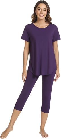 WiWi Women's Pajama Set 2 Piece Short Sleeve Tunic Top Capri Leggings Sleepwear Soft Pjs Viscose from Bamboo S-XXL in Saudi Arabia